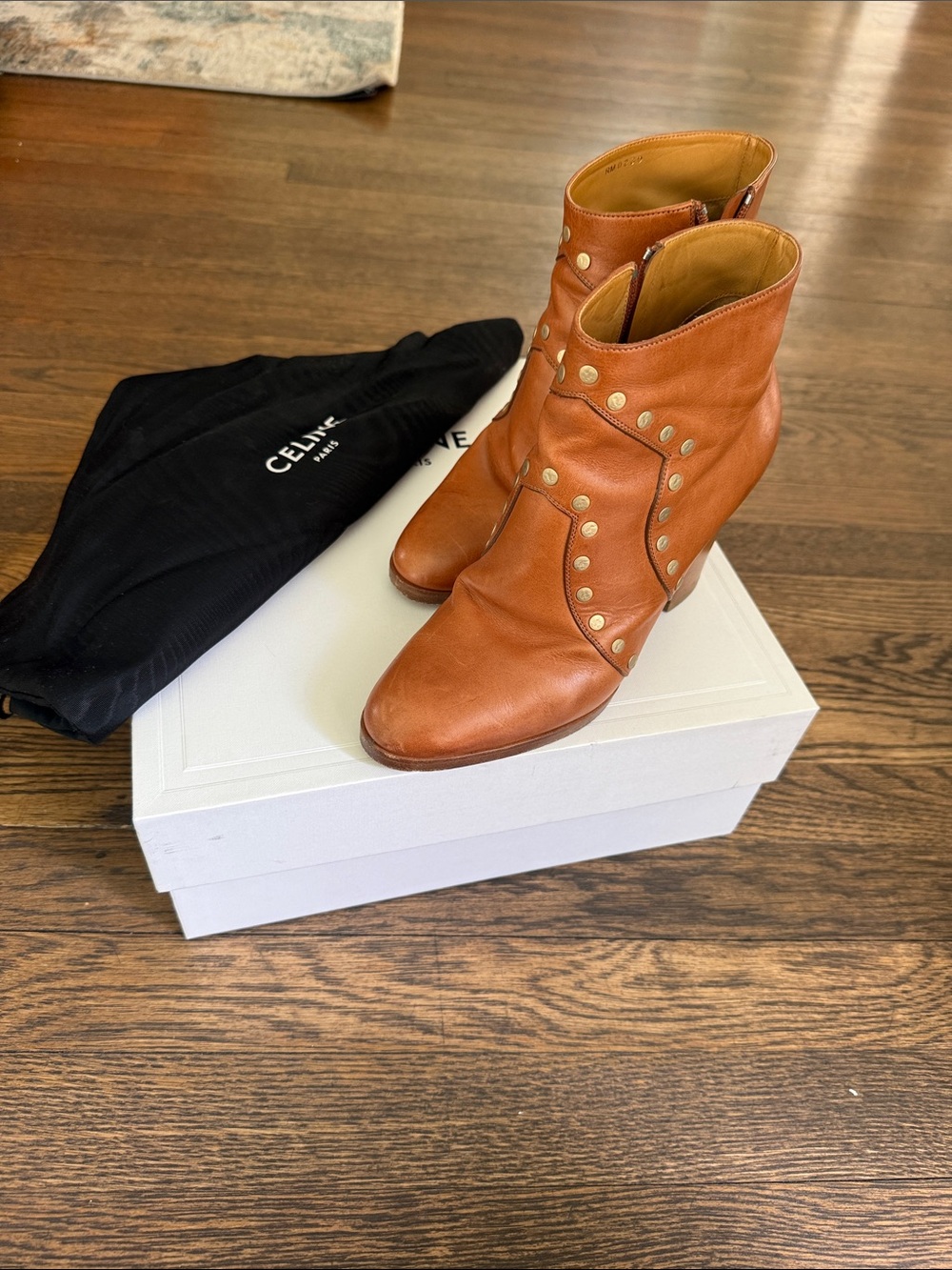 Celine Tan Leather Studded Ankle Booties
